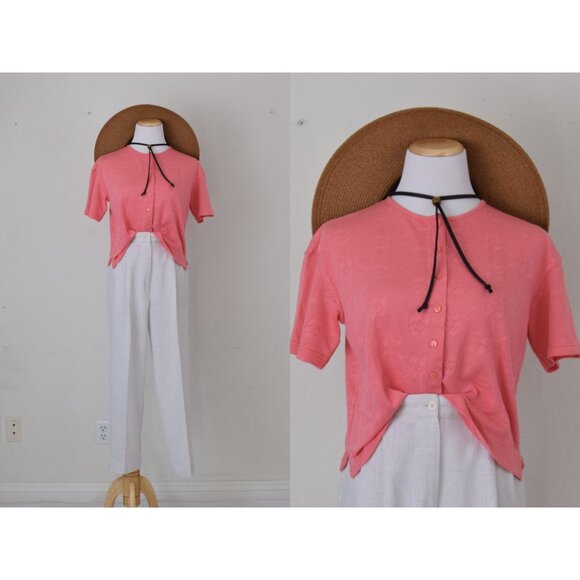 Vintage 90s Salmon Knit button Cotton/Poly Top by Jaclyn Smith | size S - Picture 1 of 10